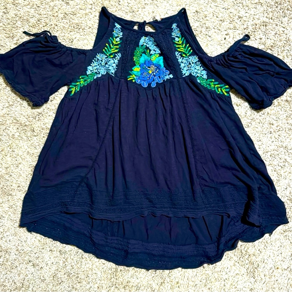 FREE PEOPLE Navy Fast Times Floral Embroidered Cotton Cold Shoulder Top size XS